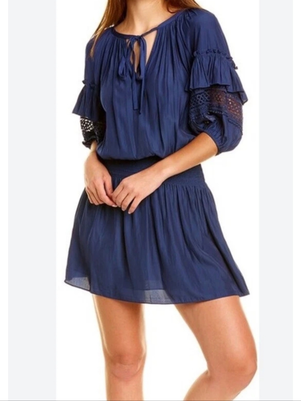 Ramy Brook "Mara" crochet balloon sleeve smocked waist dark Navy Dress Sz Large